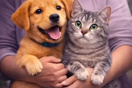 Owner holding a puppy and a cat – pet adoption