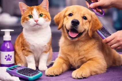 Cat and golden retriever puppy being groomed at Kittys Zone