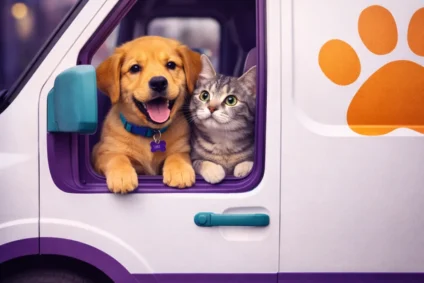 Puppy and cat in a Kittys Zone pet taxi van – pick & drop service